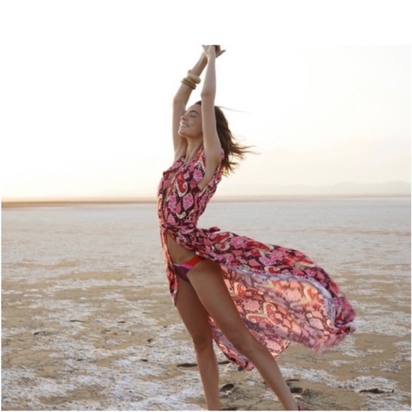 🔥Anthropologie Deep-V Burgundy/Cranberry/Orange/Pinks Maaji Maxi Dress-Medium - Picture 14 of 15